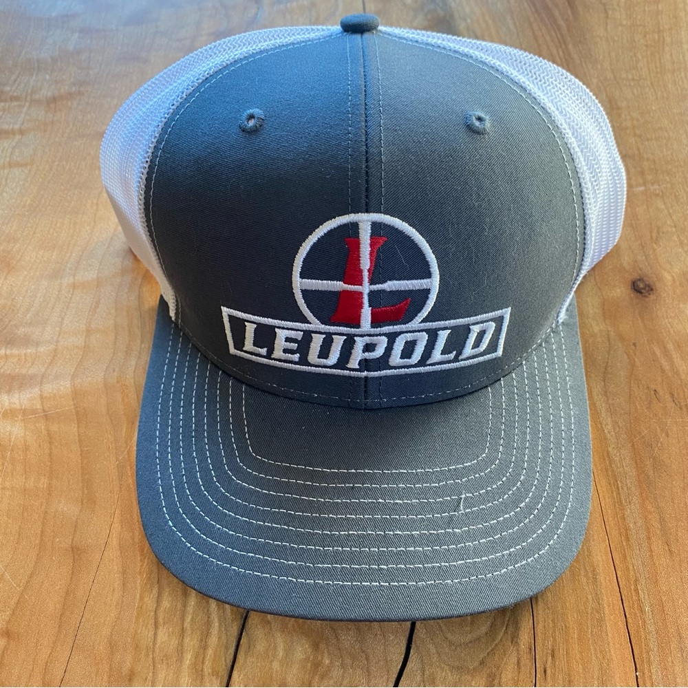 Leupold Snapback Cap, Gray and White, Logo, Mesh, Trucker